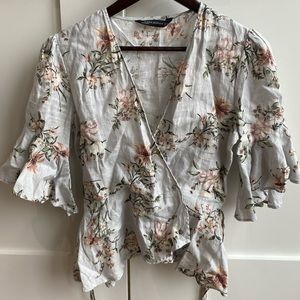Zara floral linen wrap blouse with tie waist